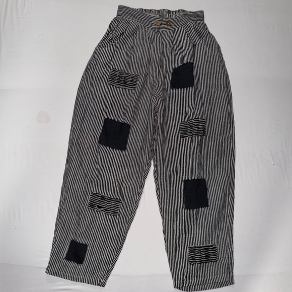 Paper Lace Pants - Paper Lace NWT Striped 100% Linen Patchwork Crop Pants Small Lagenlook Boho Art